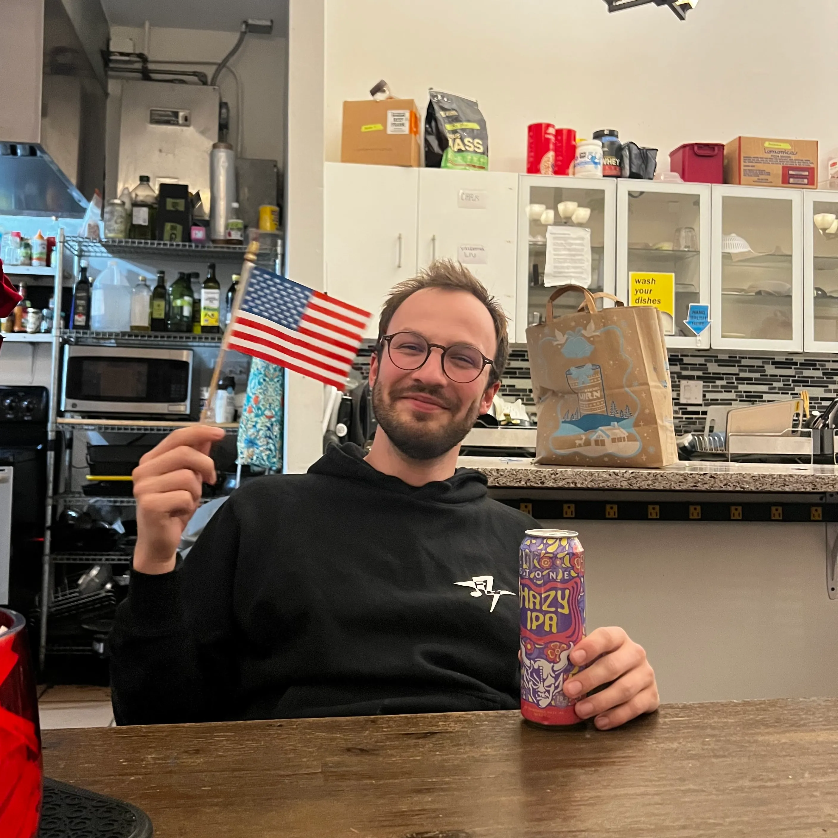 Arthur with American flag and beer