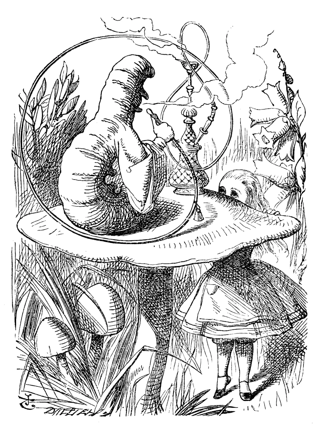John Tenniel’s engraving of the Caterpillar smoking a hookah on a mushroom, with Alice looking up at him.