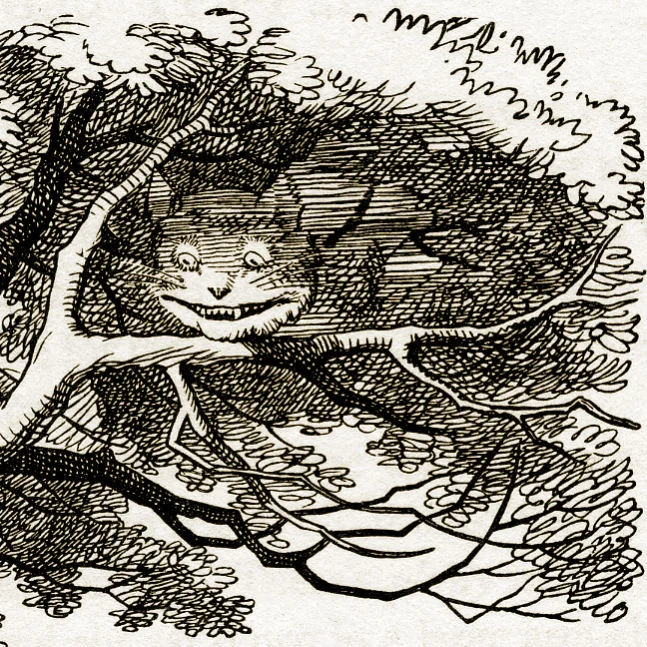 Tenniel’s engraving of the grinning Cheshire Cat in a tree.