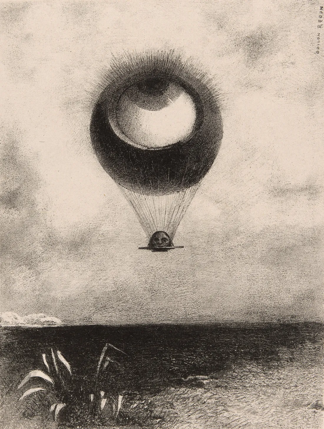 Odilon Redon’s charcoal print of a giant eye rising like a hot-air balloon over a dark sea.